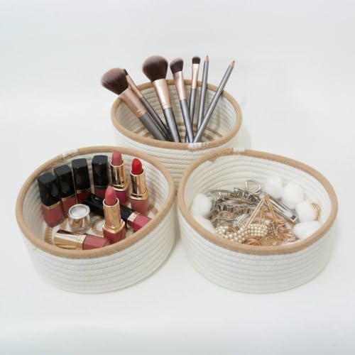 danpinera 3 Set Aufbewahrungskorb Geflochten, Körbchen aus 100% Baumwolle, Faltbare, Stapelbare Körbefür Wohnzimmer, Kinderzimmer, Badezimmer
