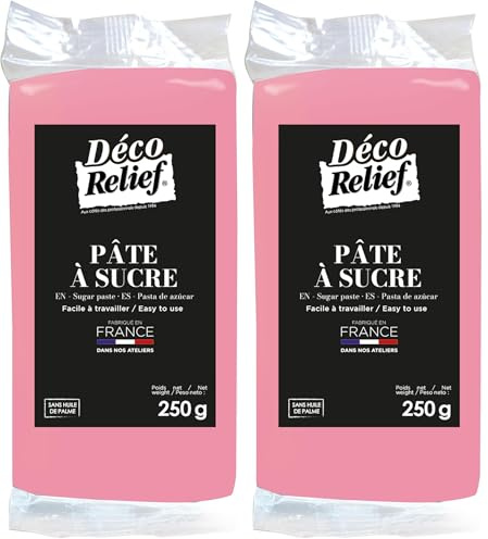 Déco Relief - Pâte à Sucre Rose Pastel 250 g - Pâte à Sucre Professionnelle pour Gâteaux, Pâtisserie - Coloris Rose Clair - Fabriquée en France (Lot de 2)