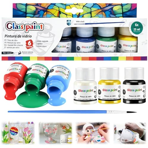 Glasmalfarbe, Glasfarbe Spülmaschinenfest, Professionelles Glasmalfarben-Set mit 6 leuchtenden Farben & Pinsel, Glasfarbe auf Wasserbasis für Tassen & Keramik, Kreatives Glasmalfarbe für DIY Geschenke