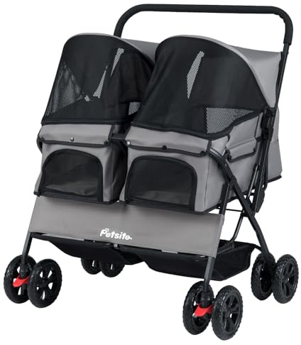 GYMAX Cochecito Doble para Perros Plegable, Cochecito Ligero para 2 Mascotas con Almacenaje y Protección Solar Ajustable, Coche para Gatos con Cinturón de Seguridad (Gris)