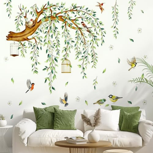 Wandtattoo Baum Groß mit Grünen Blättern Blüten Vögeln, Wandsticker Baum, Wandaufkleber Hängende Pflanzen für Wohnzimmer Schlafzimmer Sofa Hintergrund Wanddeko