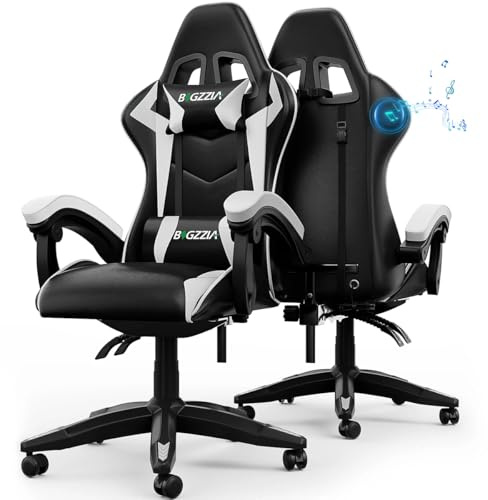 Bigzzia Gaming Chair with Bluetooth Speaker and Ergonomic Computer Chair Reclining PU Leather High Back Video Game Chair (White, With Bluetooth Speaker)