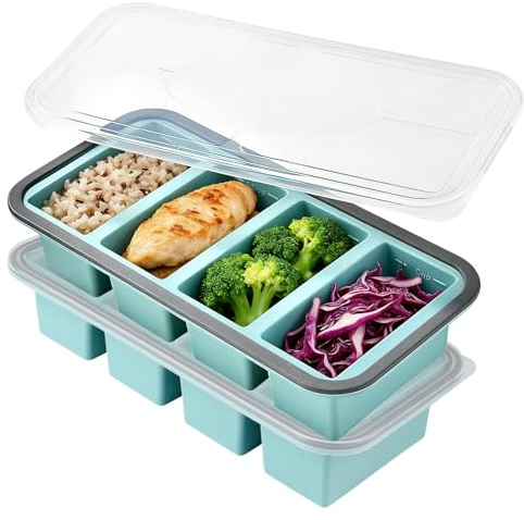 GOMETY 2 Stück Antihaft-Silikon-Gefrierbehälter mit Deckel, 4 Suppenwürfel, stapelbar, BPA-frei, spülmaschinenfest, Silikon-Gefrierform für Suppe, Sauce, Brühe und Babynahrung (4)