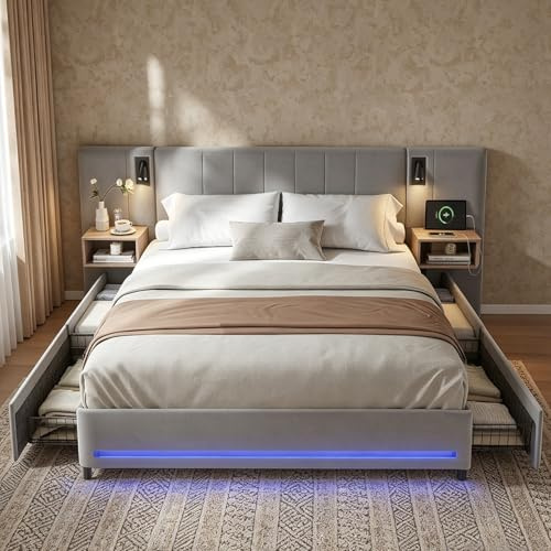 Artswish Polsterbett 140x200 cm, Bettkasten mit 4 Schubladen & Nachttisch mit USB, Bett mit 2 Leselampen & RGB LED Beleuchtung, Samt Grau, Belastbarkeit bis 340 kg, Ohne Matratze