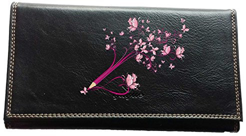 Syl'la Compagnon Porte Chequier Portefeuille Porte Carte Porte Monnaie Noir pour Femme en Simili Cuir Crayon Papillon