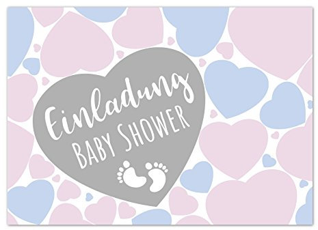8 x Einladung Baby Shower Party/Einladungskarten mit Umschlag im Set/Motiv: Viele Herzen - neutral/Babyparty Karte/Postkarte /