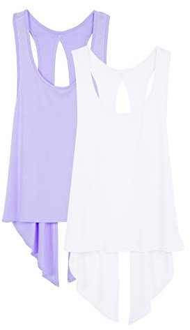 icyzone Damen Sport Top Rückenfrei Fitness Yoga Shirt Ärmellos Sport Oberteile, 2er Pack (S, White/Lilac)
