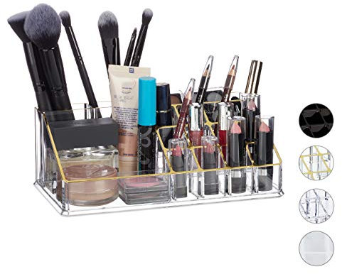 Relaxdays Kosmetik-Organizer Acryl, Make Up Organizer mit 16 Fächern für Schminke & Lippenstift-Halter, transparent/gold