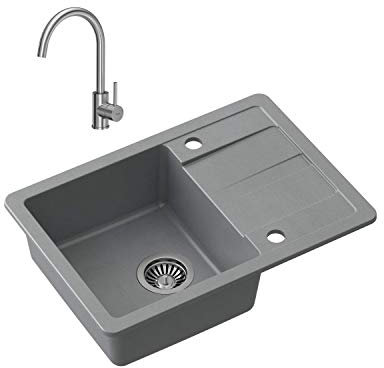 VBChome Spülbecken mit Armatur Grau 62 x 44 cm Granit Einzelbecken Einbauspüle Abtroffläche gesprenkelt reversibel Verbundspüle Küchenarmatur + Siphon + Spülmittelspender