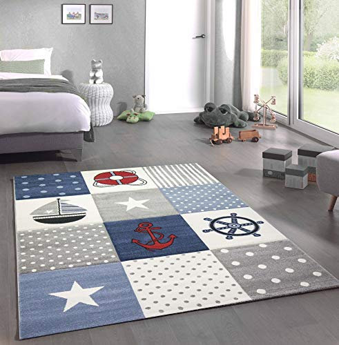 CARPETIA Kinderteppich Spielteppich Kinderzimmer Jungen Maritim Meer kariert blau Größe 120x170 cm