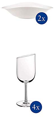 Villeroy & Boch - Vapiano Pastaschalen-Set, 2 tlg., 800 ml, 27 x 21 cm, Premium Porzellan, spülmaschinen-, mikrowellengeeignet, weiß + NewMoon Weissweinkelch-Set, 4 tlg., spülmaschinengeeignet