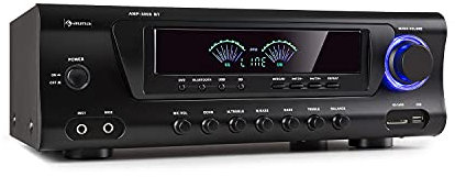 auna AMP 3800 BT 5.0 - Amplifier, HiFi Amplifier, 2 x 120 Watts + 3 x 50 Watts RMS, Bluetooth Function, USB Port, SD Slot, 2 Microphone Connections, DVD Stereo In, Stereo Line Out, Black