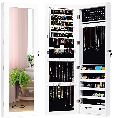 GOPLUS Armoire à Bijoux Mural avec Miroir Intégré et Lumière LED, Armoire de Rangement Cosmétiques Verrouillable Accrochée à la Porte avec Divers Compartiments, pour Salon, Chambre et Porche, Blanc