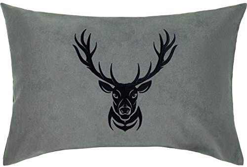 EXPRESS-STICKEREI Hirschkopf Kissen mit Motiv Hirschgeweih Landhausstil Dekoration Country Chic traditionelle Wohnzimmer Dekokissen mit Füllung Zierkissen Sofakissen Polsterüberzug | 40x60cm | grau