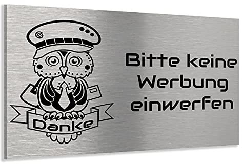 Briefkastenschild Bitte keine Werbung einwerfen aus V2a Edelstahl mit Motiv Eule oder Postbote. In den Größen 80x35 mm, 90x40 mm, 120x40 mm oder 120x80 mm