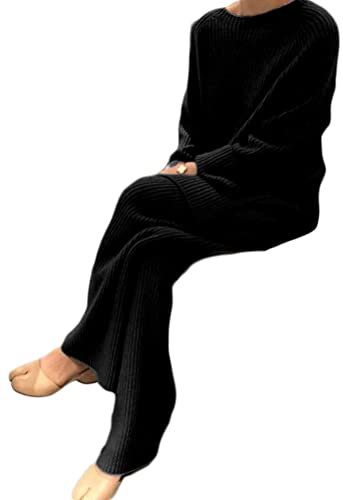 Onsoyours Damen 2 Stück Strickanzug aus Langarm Strickpullover Und Lange Jogginghose Zweiteilige Beiläufig Outfit Freizeitanzug Sportanzug Loungewear Set Schwarz XXL