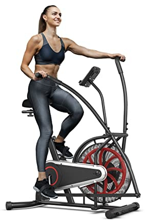 Goplus Air Bike, Fan Exercise Bike with Unlimited Resistance, Clear LCD Display, Tablet Holder, Adjustable Seat and Built-in Wheels, Fan Cycling Bike for Home Cardio Training