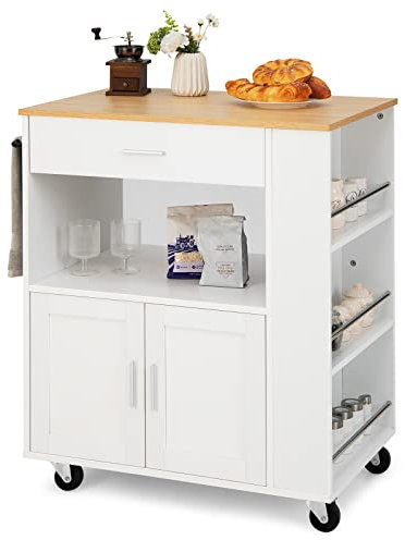 TANGZON Kitchen Storage Trolley on Wheels, Kitchen Island with Large Cabinet, Drawer, Open Shelf, 3 Spice Racks & Towel Rack, Wooden Countertop Utility Serving Cart for Dinning Living Room (White)