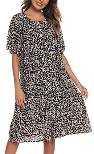 COSUNIONY House Dresses for Women Cotton Short Sleeve House Coat Buttons Down Dusters Robe with Pockets S-XXL, Black Flower, L