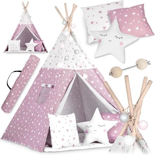 NUKIDO Kindertipi im Montessori-Stil Baumwolle und Holzrahmen mit Isoliermatte 3 Kissen Girlande Luftig 120x120x165 cm Rosa mit Sternen