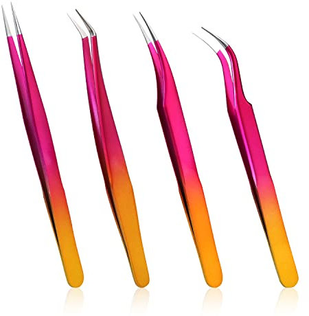 4Pcs Lash Tweezers Set, Stainless Steel Lash Extension Tweezers Four Styles Eyelash Tweezers for Volume Isolation Classic Lashes Smeared False Nails (Gradient Color)