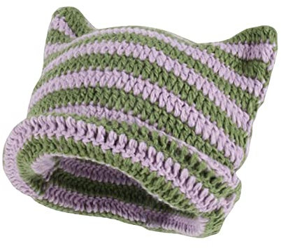 Loalirando Damen Strickmütze Winter Beanie Grobstrick Mütze mit Teufelshorn Katzenohr (Lila Grün, Einheitsgröße)