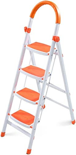 Stufenhocker Trittleiter Hocker Trittleiter mit Handläufen, 4-stufige Leiter – Stahl – Dachbodenleiter Einseitige multifunktionale Trittleiter Lagerleiter, Orange 43 * 76 * 141cm Klappbarer Leiterhoc