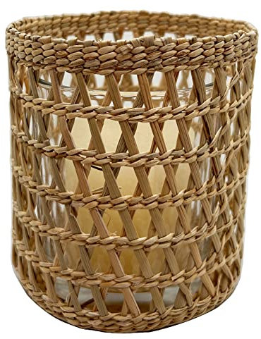 Gewebter Rattan-Teelichthalter, dekorativer handgewebter Kerzenhalter, rustikaler Vintage-Seegras-Votivkerzenhalter für Esstisch, Küche, Dekoration, Serviertablett