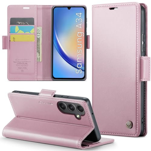 XYGLOW Coque pour Samsung Galaxy A34 5G Etui RFID Protection Housse en Premium Cuir Pochette Portefeuille Rabat Clapet Case Porte Carte Magnétique Étui pour Samsung A34 5G 6.6''-Or Rose