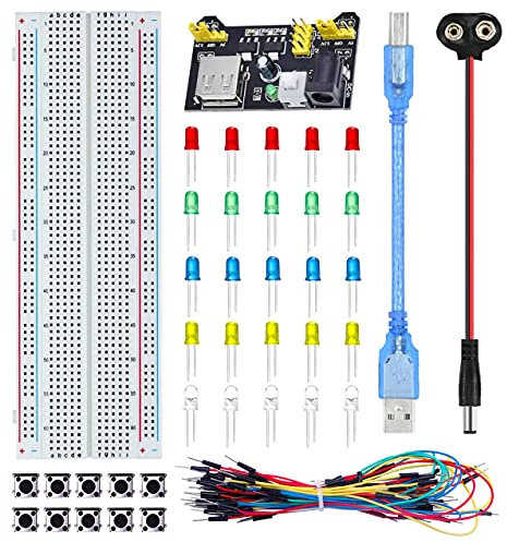 Youmile Breadboards Starter Kit for Arduino with 830 Point Breadboard, Breadboard Power Supply Module, Jump Wire, Multicolor LED Diode, Tactile Switch, USB Cable