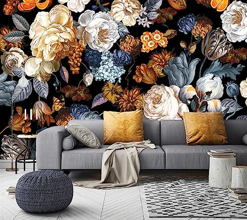 WFBHUA-Black and Gold Floral Wallpaper for Bedroom Vintage Blue Peony Flower Wall Mural (Not Peel and Stick)