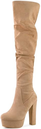 Allegra K Stivali sopra il ginocchio da donna con plateau punta rotonda cerniera slouch tacco grosso, cachi, 40 EU