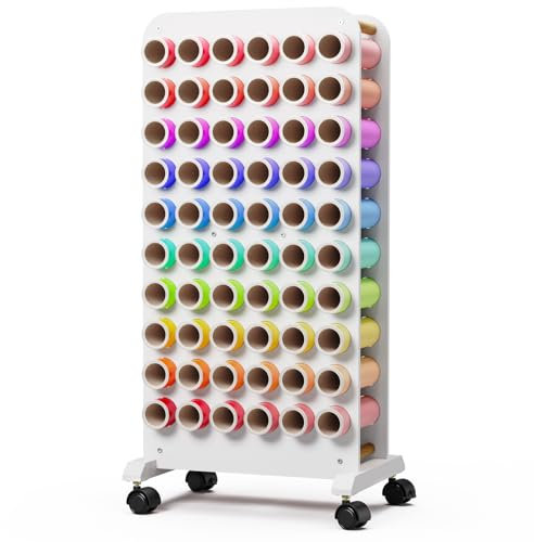 Crafit Mobile Vinyl Roll Holder, 60 Compartment Vinyl Storage Organizer with Locking Caster Wheels, Wooden Vinyl Roll Storage Cart Rack Craft Storage Gift Wrap Organizer for Home Craft Room (2 Hole)