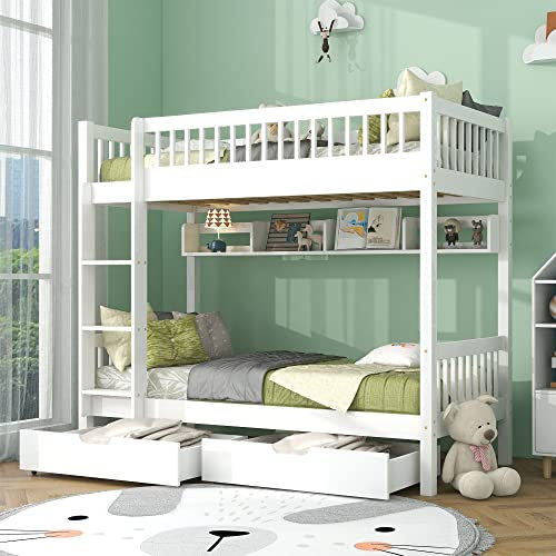 Kids Bunk Bed with 2 Drawer and Shelf, 3FT Solid Pine Wood Single Bed Frame & under Bed Slide Drawer Storage, 90x190cm, White (White)