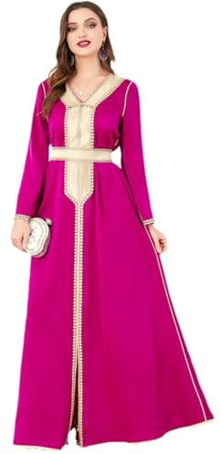 Fulbant Frühlings-Damen-Band-Spleißen Einfarbiges Muslimisches Kleid Abaya Langes Dubai-Kleid 2023 Rose Red XL