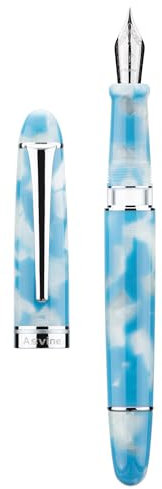 Asvine P50 Piston Fountain Pen Sky Blue Resin, Fine Nib Silver Trim Smooth Writer Collection with Pen Case Gift Set