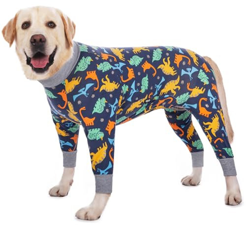 Axcimond Hundebody: Postoperativer Genesungsanzug & Wundschutz für Hunde - Dinosaurier-Muster, Blau, XL