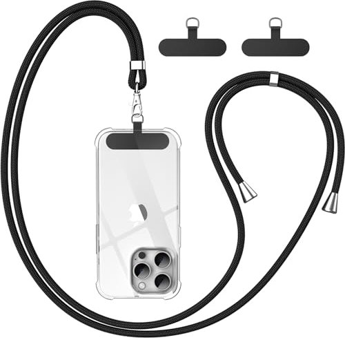 caslord Cordon para Movil Universal, Correa Ajustable de 1,6 m con 2 Parches Duraderos, Colgante para Teléfono Compatible con Todos Los Teléfonos Inteligentes y la Mayoría de los Funda - Negro
