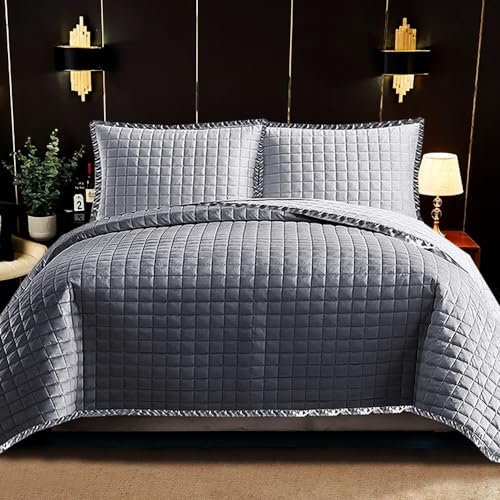 Fit Even Quilt Osca Bedspread 2 Piece Set – Coverless Quilted Square Pattern Bedspread, Comforter Throw, Summer and All-Season Lightweight Bedding Sets, with 1 Pillow Sham (Single, Grey)