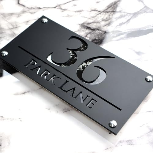 K SMART SIGN | LUXE H3 F32 | House Numbers Plaques House Numbers Door Laser Signs Number Name Personalised Plaques For Outside 3D Laser Cut acrylic Mirrored Marble (Matt Black & Black Marble)