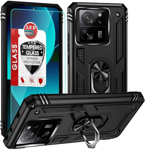 Pemuyak Handyhülle für Xiaomi 13T Hülle/Xiaomi 13 T Pro Hülle,360° Stoßfeste Handyhülle mit Rotationsständer Inklusive Hochwertiger Panzerglasfolie Gratis Schutzhülle -Schwarz