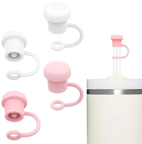 LINXINS Straw Cover for Stanley Cup Accessories, 4 Pcs for Stanley Straw Toppers Reusable Silicone Straw Topper, Spill Proof Dust Resistant 10mm in Diameter (Pink&White)