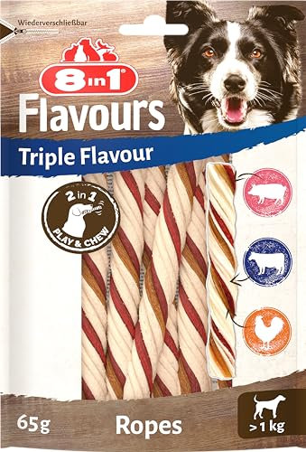 8in1 Triple Flavour Ropes Kaustangen für Hunde - Kausnacks zum Spielen und Kauen mit Rindfleisch, Schweinefleisch und Hähnchenfleisch, 65 g Beutel (ca. 6 Stück)