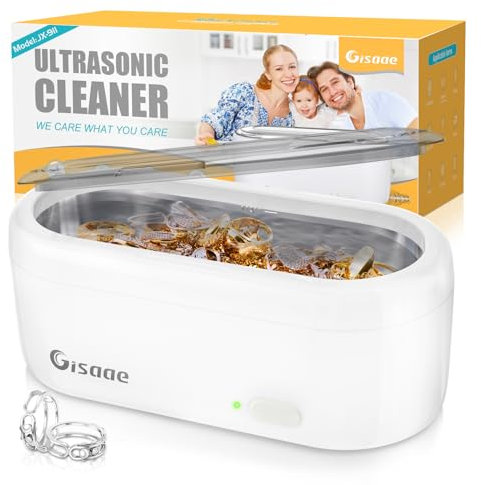 Gisaae Pulitore Ultrasuoni Portatile, 47kHz Lavatrice Ultrasuoni Occhiali, 360ML Vasca Ultrasuoni, Pulitore ad Ultrasuoni per Gioielli, Collane, Orologi, Monete, Protesi Dentarie