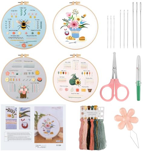 RISF Sticken für Anfänger, Blumenmuster Pflanzen Sticken Set, Sticken Set Erwachsene, Enthält 2 Bambus-Stickrahmen, Anleitungen und Werkzeuge für DIY Kunst und Handwerk Kreuzstich-Kit