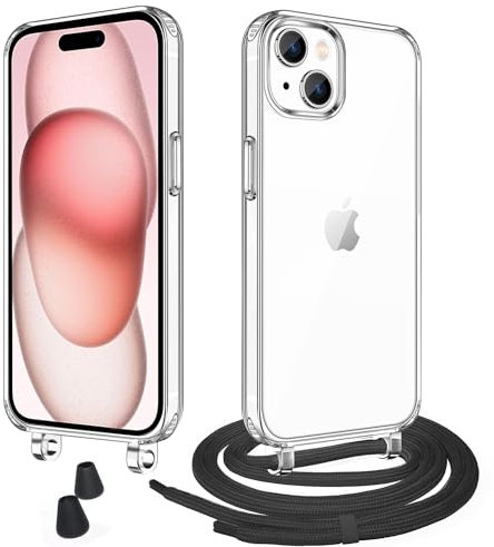 WenBaby Étuis à bandoulière et Cordon pour iPhone 15 Coque,Transparent Collier Réglable Téléphone Étui Portable Lanyard Case Protection Complète Cover,Noir