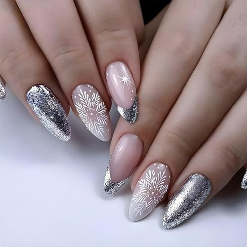 NICENEEDED 24 Pcs Medium Almond Fake Nails, Christmas Press on Nails, Silver Glitter False Nails With Snowflake Design French Tips Stick on Nails Full Cover Acrylic Nail for Women