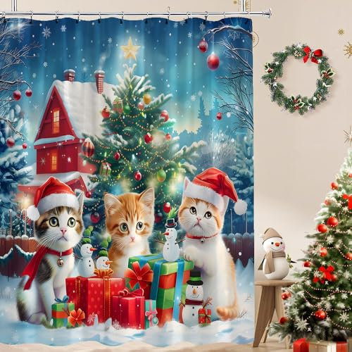 Duschvorhang mit lustiger Katze, Schneemann, Tannenbaum, Kugel, Schneeflocke, rustikales Bauernhaus, Natur, Schnee, Landschaft, Winterurlaub, Neujahr, Stoff, Badezimmer-Vorhang mit Haken