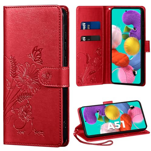 Handyhülle für Samsung Galaxy A51 Hülle, Schutzhülle für Galaxy A51 PU Lederhülle Tasche Flip Case Kartensteckplätzen Klapphülle Kompatibel mit Samsung A51 Hülle, Rot