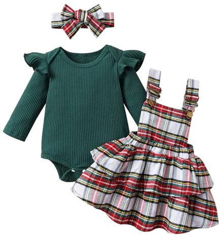 LUVCES Baby Mädchen Herbst Winter Röcke Sets Rüschen Langarm Strampler Top Plaid Rock Infant Overalls Hosenträger Kleid Kleidung Outfits Grün Plaid 3-6 Monate